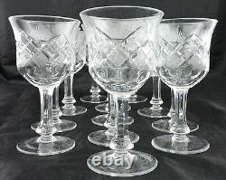 Vintage Cut Glass Or Crystal Wine Goblet Set 12 Flare Criss Cross Etched Stems