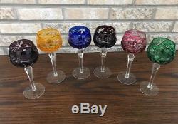 Vintage Cut To Clear Bohemian Czech Crystal Cordial Wine Glasses Multi Color 6