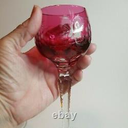 Vintage Cut To Clear Crystal Wine Glasses Set of 5 Cranberry Pink Grapes Flowers