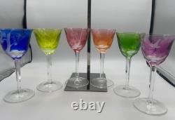 Vintage Czech Moser Set/6 Crystal Wine Glasses Etched Logo Used Authentic