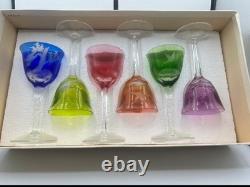 Vintage Czech Moser Set/6 Crystal Wine Glasses Etched Logo Used Authentic