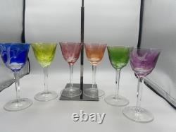 Vintage Czech Moser Set/6 Crystal Wine Glasses Etched Logo Used Authentic