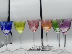 Vintage Czech Moser Set/6 Crystal Wine Glasses Etched Logo Used Authentic