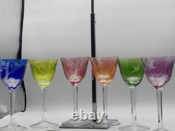 Vintage Czech Moser Set/6 Crystal Wine Glasses Etched Logo Used Authentic