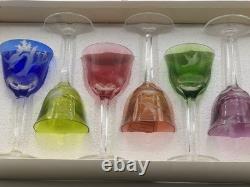 Vintage Czech Moser Set/6 Crystal Wine Glasses Etched Logo Used Authentic