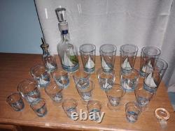 Vintage Czechoslovakia Hand Painted Tumblers, Decanter, Wine+Shot Glasses Oil+