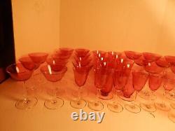 Vintage Delicate Victorian Cranberry Glass Clear Stemware Hand Blown 41 pcs