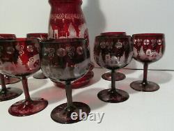 Vintage EGERMANN RUBY RED Bohemian Czech Art Glass WINE DECANTER & 8 GLASSES