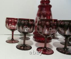 Vintage EGERMANN RUBY RED Bohemian Czech Art Glass WINE DECANTER & 8 GLASSES