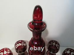 Vintage EGERMANN RUBY RED Bohemian Czech Art Glass WINE DECANTER & 8 GLASSES