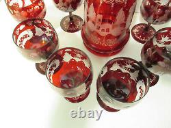 Vintage EGERMANN RUBY RED Bohemian Czech Art Glass WINE DECANTER & 8 GLASSES