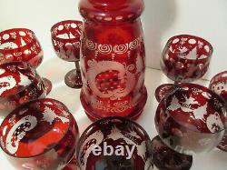 Vintage EGERMANN RUBY RED Bohemian Czech Art Glass WINE DECANTER & 8 GLASSES