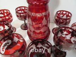 Vintage EGERMANN RUBY RED Bohemian Czech Art Glass WINE DECANTER & 8 GLASSES