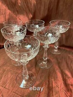 Vintage Elegant Set Cut Crystal Stem Etched Pressed Champagne Wine Glasses