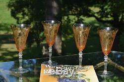 Vintage Etched Amber Optic Wine Glasses, Set of 4, Cambridge Gloria Heatherbloom