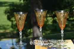 Vintage Etched Amber Optic Wine Glasses, Set of 4, Cambridge Gloria Heatherbloom