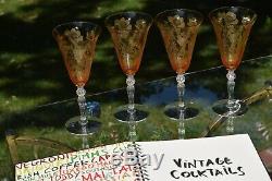 Vintage Etched Amber Optic Wine Glasses, Set of 4, Cambridge Gloria Heatherbloom