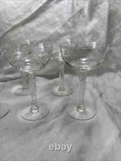 Vintage Etched Crystal Stemware Set of 7 Wine Glasses & Coupes Fostoria Style