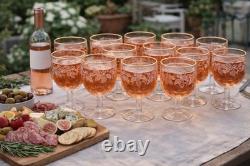 Vintage Etched Glass Goblets Set 12 Gold Rim 20oz Large Wine Glasses
