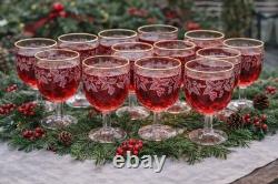 Vintage Etched Glass Goblets Set 12 Gold Rim 20oz Large Wine Glasses