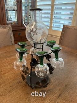 Vintage Etched Luminarc Wine Aerator / Dispenser Set with 6 Glasses Luminarc