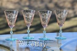 Vintage Etched Pink and Blue Vaseline Wine Glasses, Morgantown, Fondale 1935