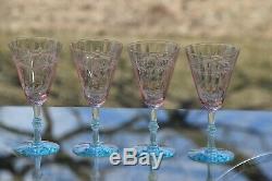 Vintage Etched Pink and Blue Vaseline Wine Glasses, Morgantown, Fondale 1935