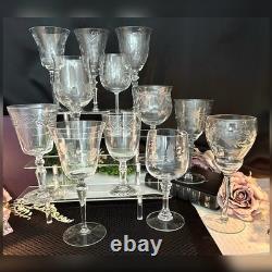 Vintage Etched Wine Glasses Assorted Mixed Makers Clear Stemware Set of 12