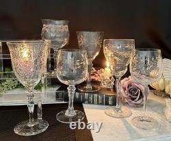 Vintage Etched Wine Glasses Assorted Mixed Makers Clear Stemware Set of 12