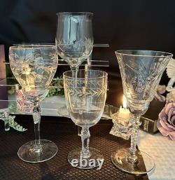 Vintage Etched Wine Glasses Assorted Mixed Makers Clear Stemware Set of 12