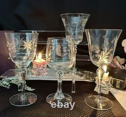 Vintage Etched Wine Glasses Assorted Mixed Makers Clear Stemware Set of 12