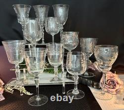 Vintage Etched Wine Glasses Assorted Mixed Makers Clear Stemware Set of 12