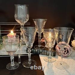 Vintage Etched Wine Glasses Assorted Mixed Makers Clear Stemware Set of 12