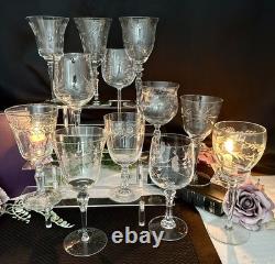 Vintage Etched Wine Glasses Assorted Mixed Makers Clear Stemware Set of 12