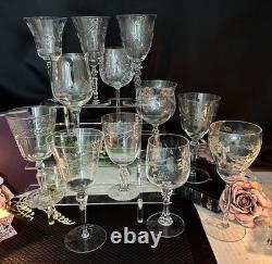 Vintage Etched Wine Glasses Assorted Mixed Makers Clear Stemware Set of 12