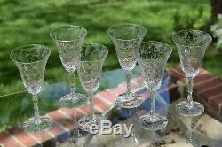 Vintage Etched Wine Glasses, Set of 6, Tall Etched Etched Stem Wine glasses