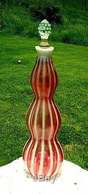 Vintage Fenton Art Glass Wine Decanter Cranberry Opalescent Stripe Tall 14.5T