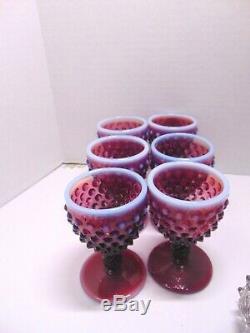 Vintage Fenton Cranberry Plum Hobnail Decanter And 6 Six Wine Glasses