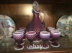 Vintage Fenton Hobnail Art Plum Opalescent Decanter & 8 Wine Glass Complete Set