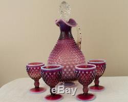 Vintage Fenton Hobnail Plum Opalescent Decanter And 4 Wine Glasses Rare
