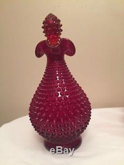 Vintage Fenton Hobnail Ruby Red Decanter Set with six matching wine goblets