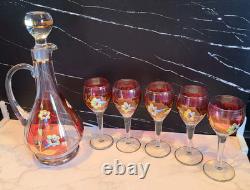 Vintage Floral Wine Glasses & Decanter, Bohemian Red & Gold Set of 6 MCM EUC