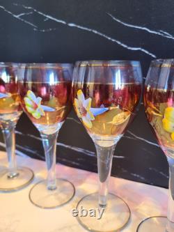 Vintage Floral Wine Glasses & Decanter, Bohemian Red & Gold Set of 6 MCM EUC