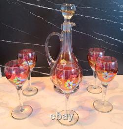 Vintage Floral Wine Glasses & Decanter, Bohemian Red & Gold Set of 6 MCM EUC