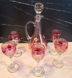 Vintage Floral Wine Glasses & Decanter, Bohemian Red & Gold Set of 6 MCM EUC