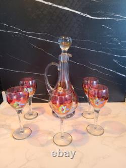 Vintage Floral Wine Glasses & Decanter, Bohemian Red & Gold Set of 6 MCM EUC