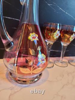 Vintage Floral Wine Glasses & Decanter, Bohemian Red & Gold Set of 6 MCM EUC