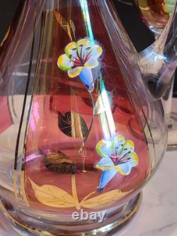 Vintage Floral Wine Glasses & Decanter, Bohemian Red & Gold Set of 6 MCM EUC
