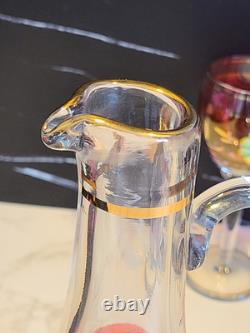 Vintage Floral Wine Glasses & Decanter, Bohemian Red & Gold Set of 6 MCM EUC