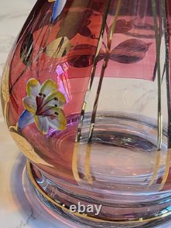 Vintage Floral Wine Glasses & Decanter, Bohemian Red & Gold Set of 6 MCM EUC